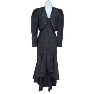 Vintage Gunne Sax Goth Victorian Lace Black Sleeveless Dress and Jacket Size 3/4